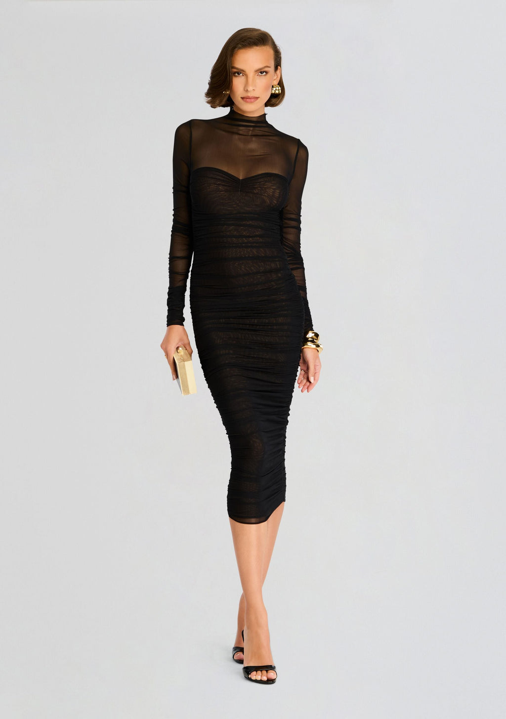 Trina Mesh Ruched Midi Dress by SEROYA in Black, product image 1
