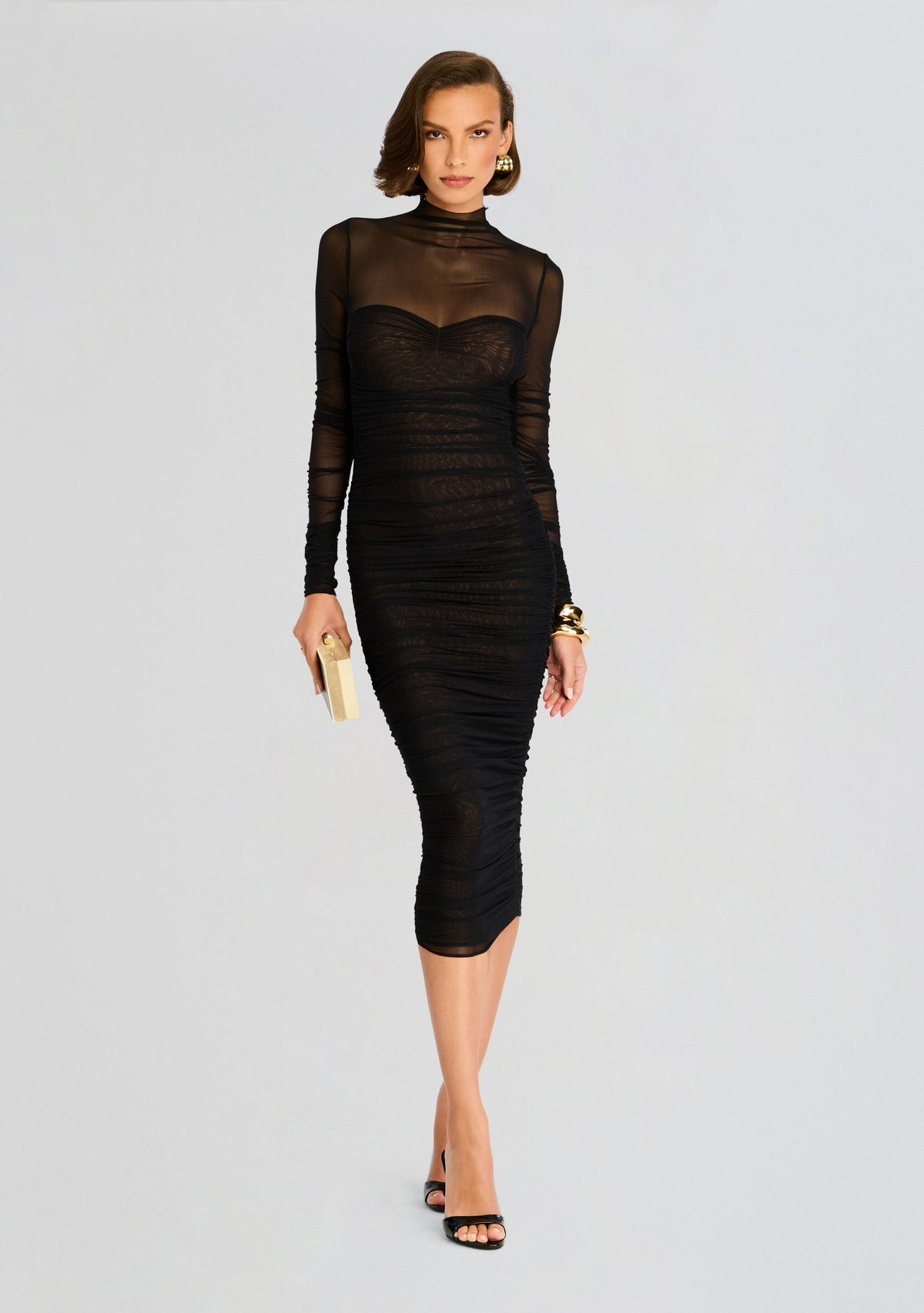 Trina Mesh Ruched Midi Dress by SEROYA in Black, product image 1