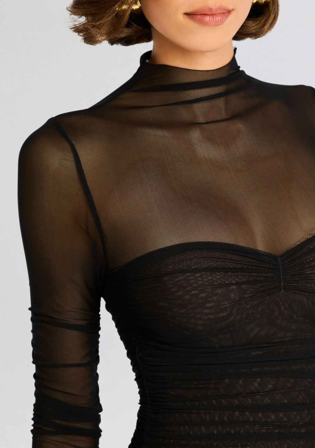 Trina Mesh Ruched Midi Dress by SEROYA in Black, product image 2