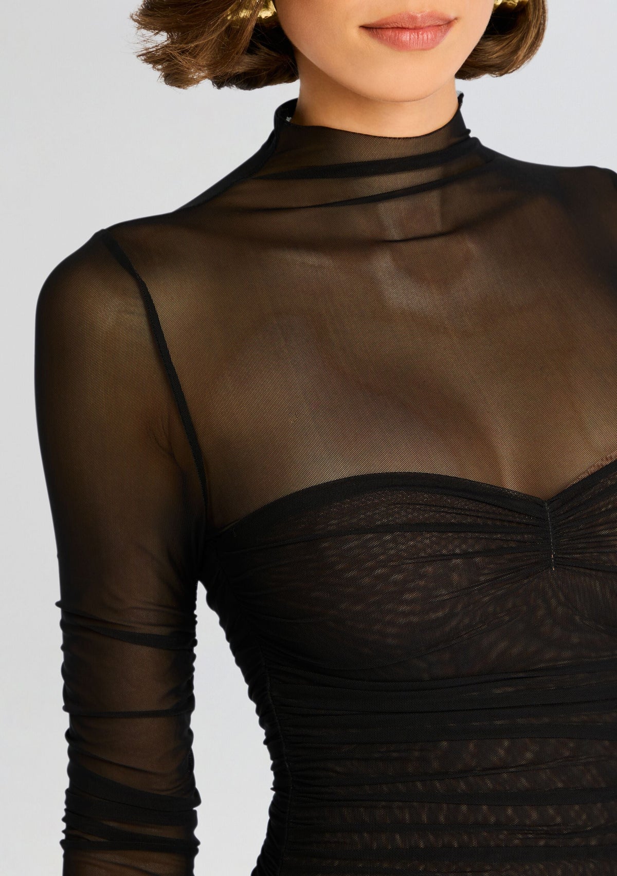Trina Mesh Ruched Midi Dress by SEROYA in Black, product image 2