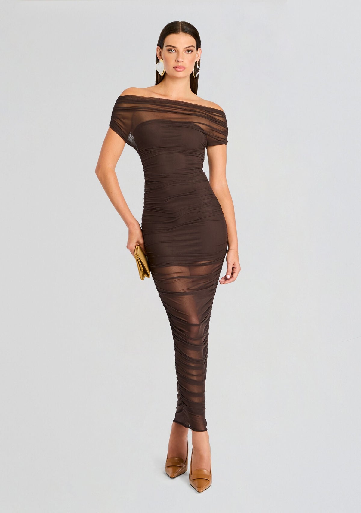 Noel Mesh Midi Dress by SEROYA in Ash Brown, product image 1