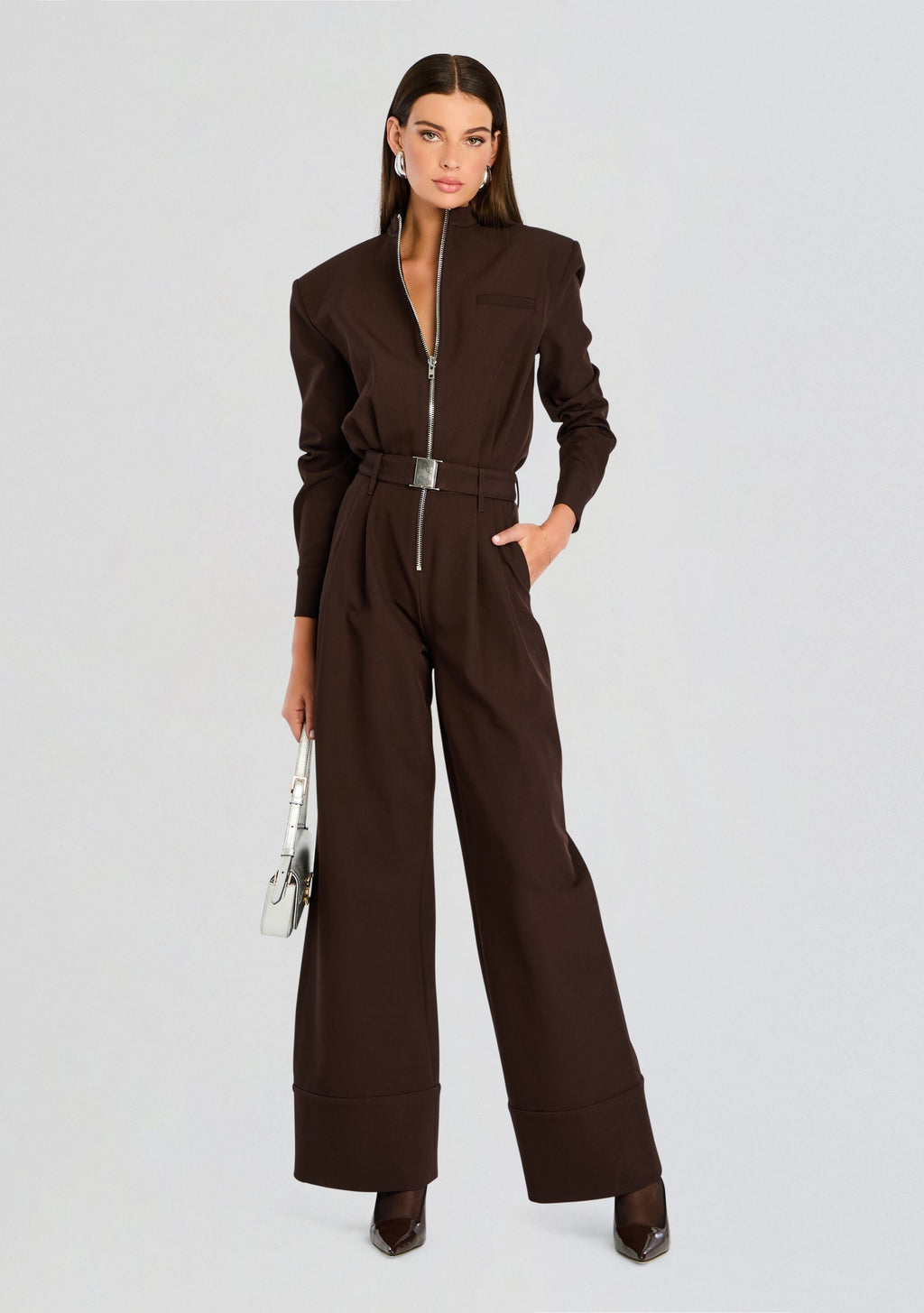 Vera Heavy Crepe Jumpsuit by SEROYA in Ash Brown, product image 1