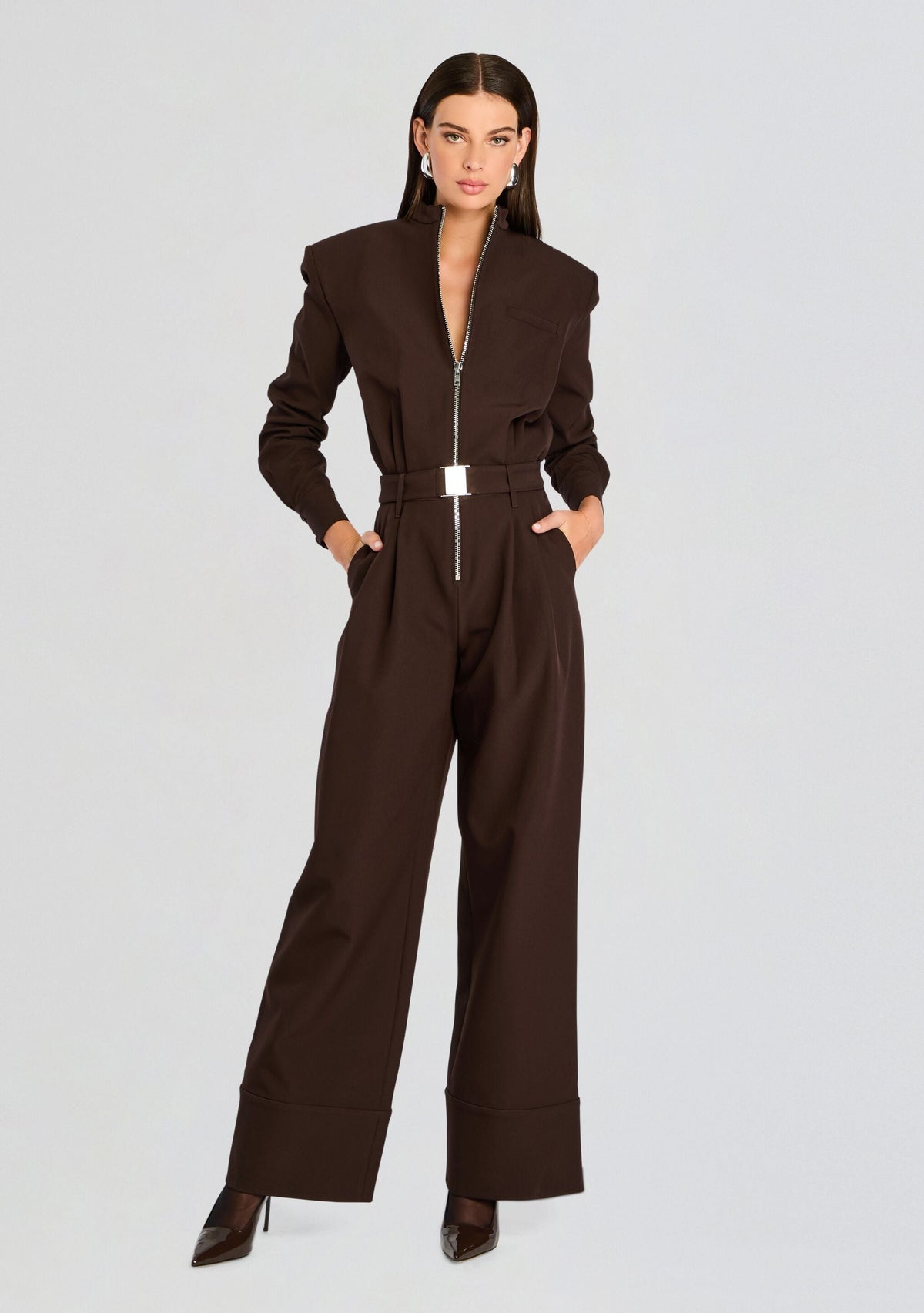 Vera Heavy Crepe Jumpsuit by SEROYA in Ash Brown, product image 5