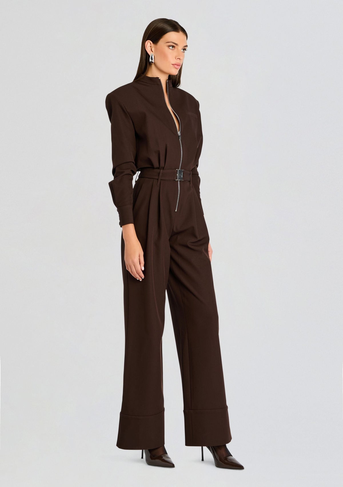 Vera Heavy Crepe Jumpsuit by SEROYA in Ash Brown, product image 3