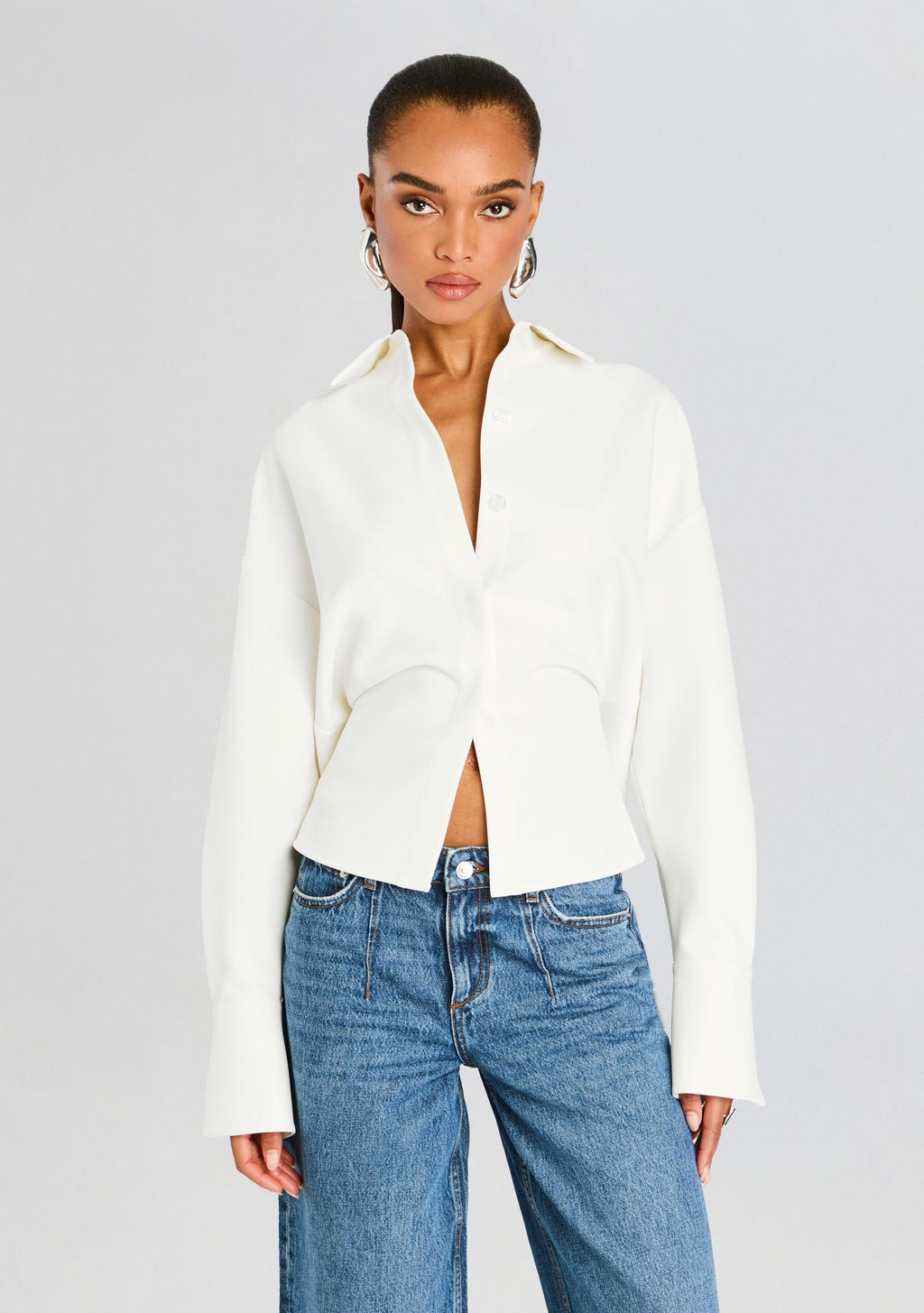 Rhia Crepe Draped Button Down by SEROYA in Eggshell, product image 1