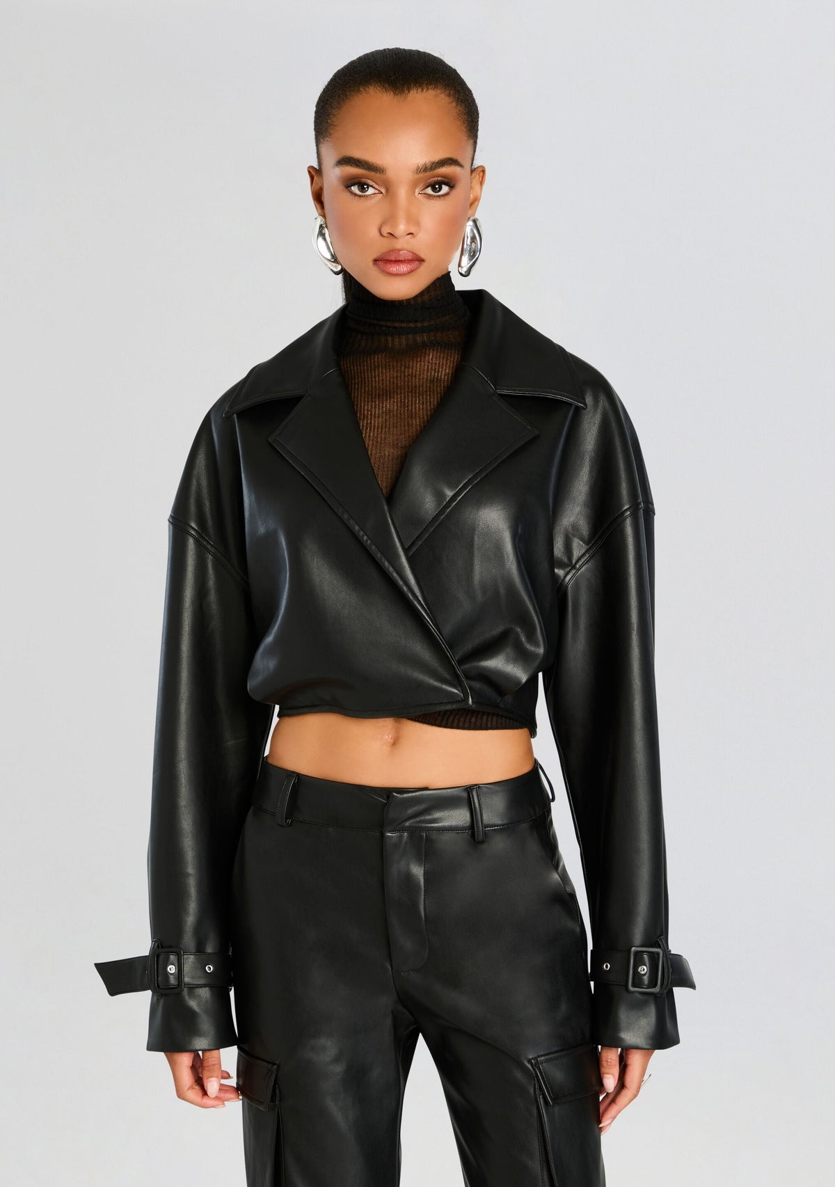 Koda Vegan Leather Cropped Trench by SEROYA in Black, product image 1