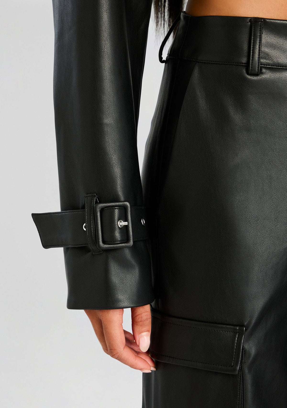 Koda Vegan Leather Cropped Trench by SEROYA in Black, product image 2