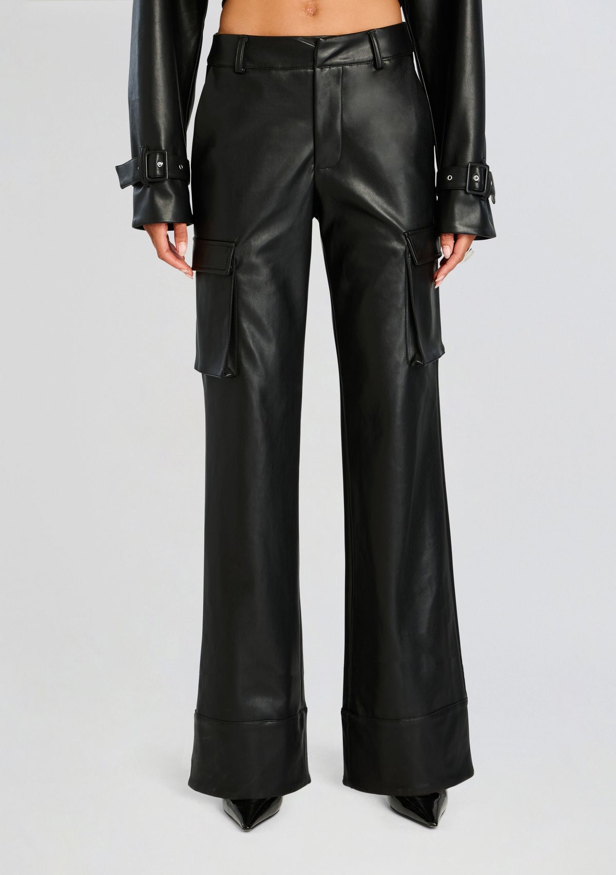 Fifer Vegan Leather Mid Rise Cargo Pant by SEROYA in Black, product image 1