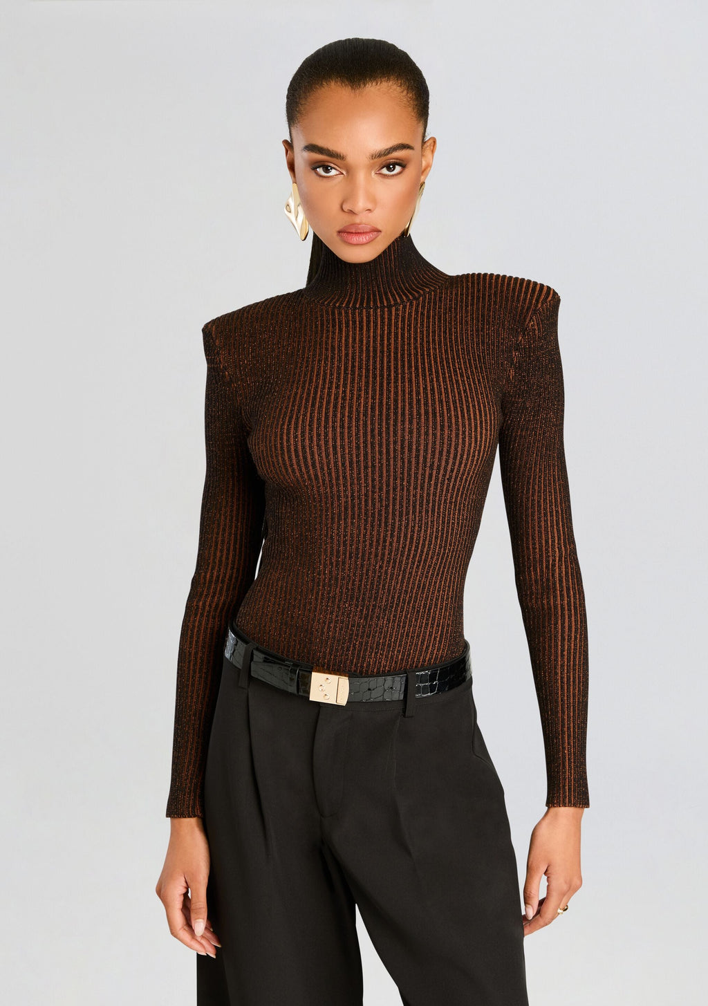 Marina Rib Knit Bodysuit by SEROYA in Camel/Black, product image 1