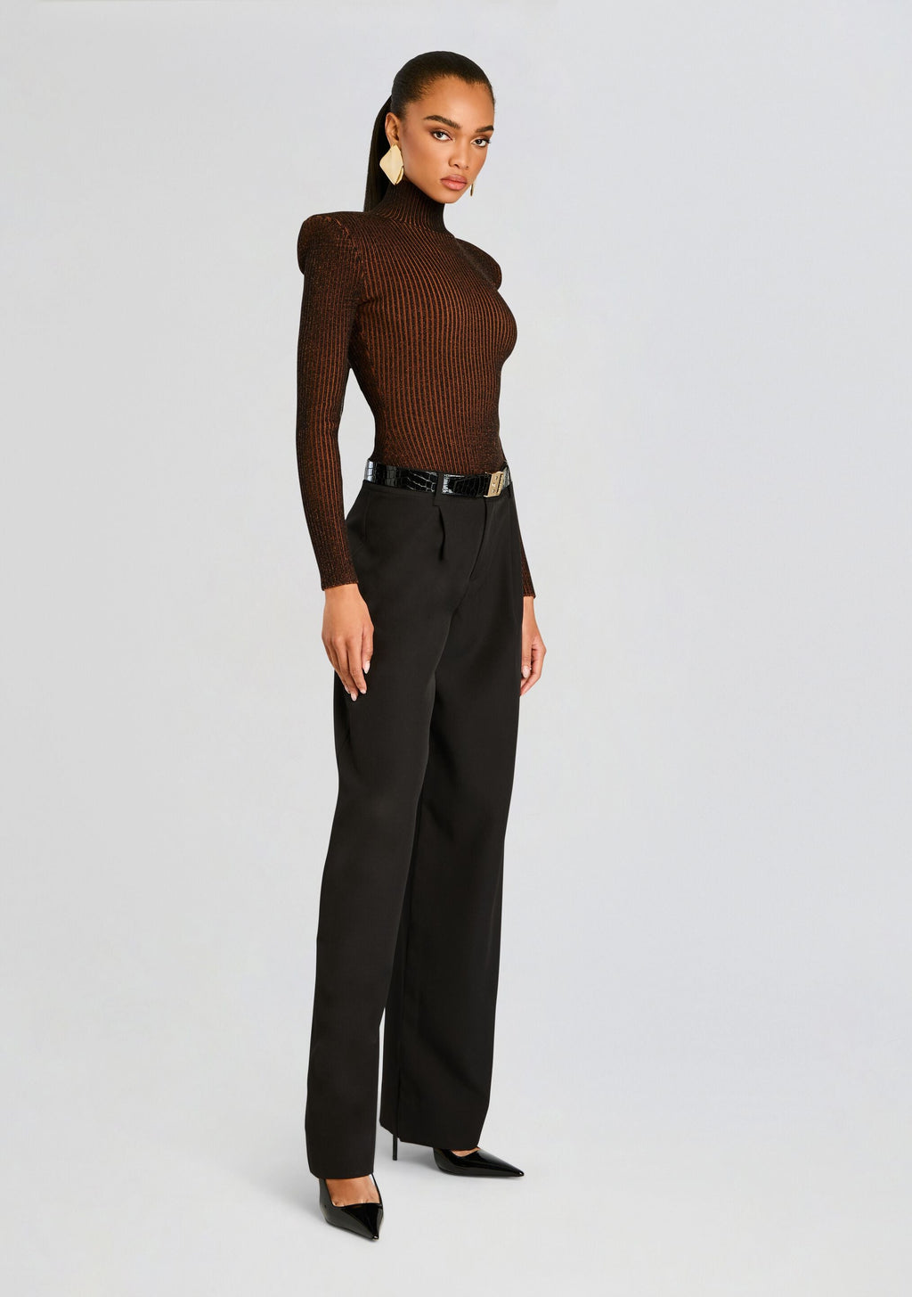Marina Rib Knit Bodysuit by SEROYA in Camel/Black, product image 3