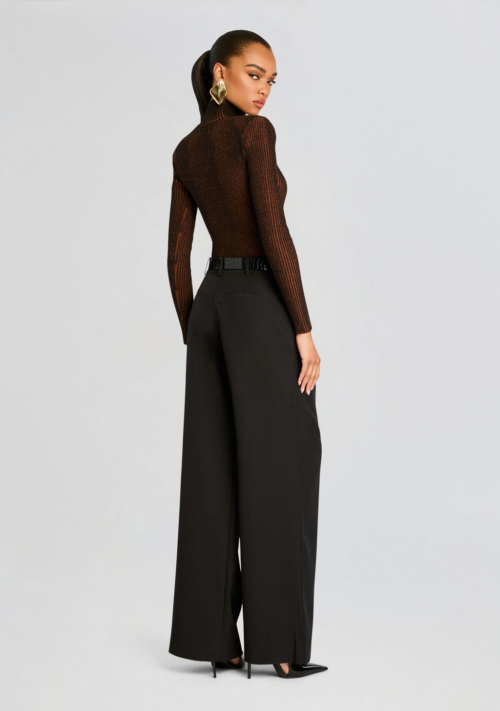 Marina Rib Knit Bodysuit by SEROYA in Camel/Black, product image 4