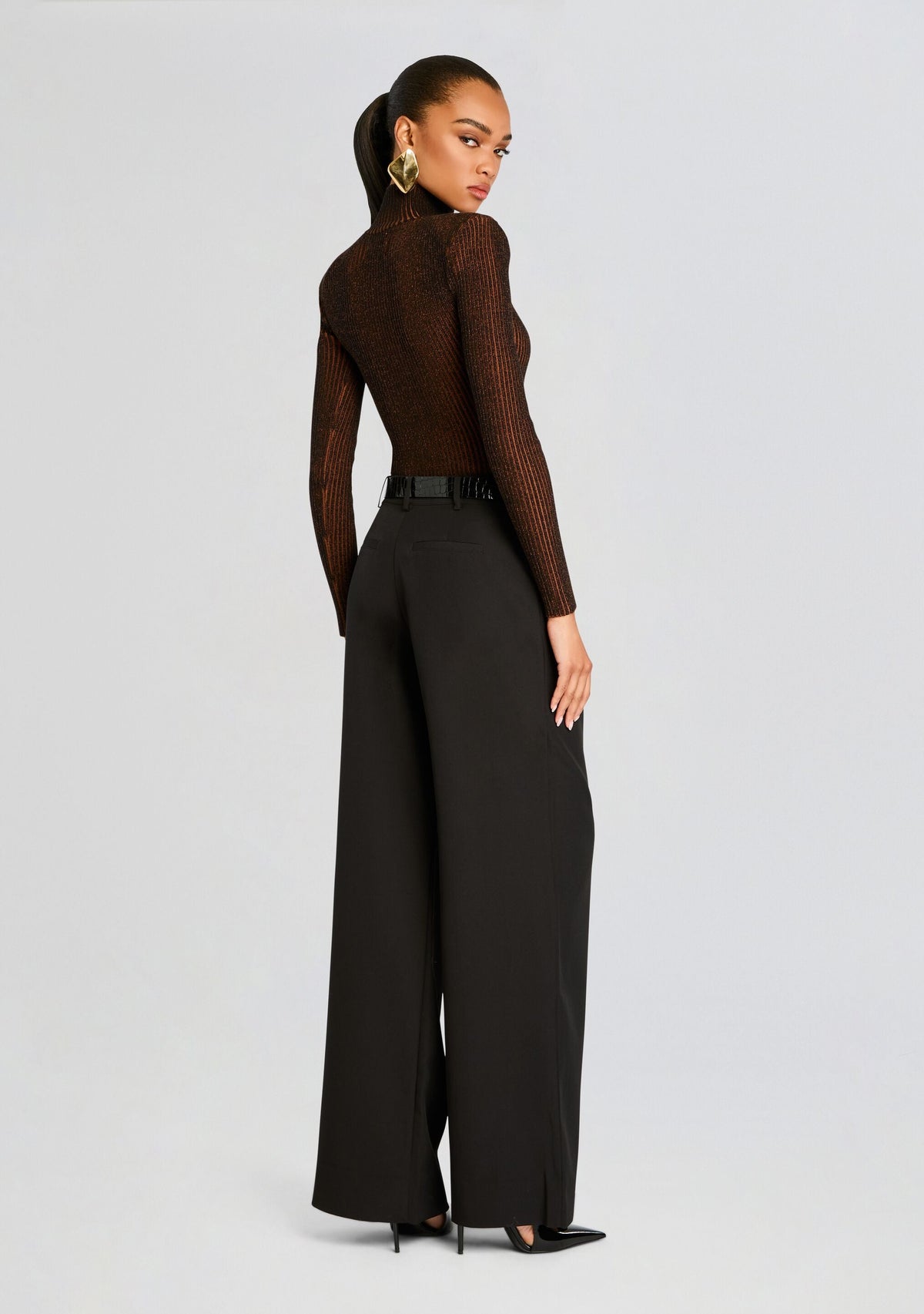 Marina Rib Knit Bodysuit by SEROYA in Camel/Black, product image 4