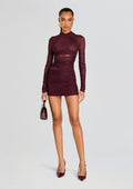 Moxey Ruched Mesh Mini Dress by SEROYA in Merlot, product image 1