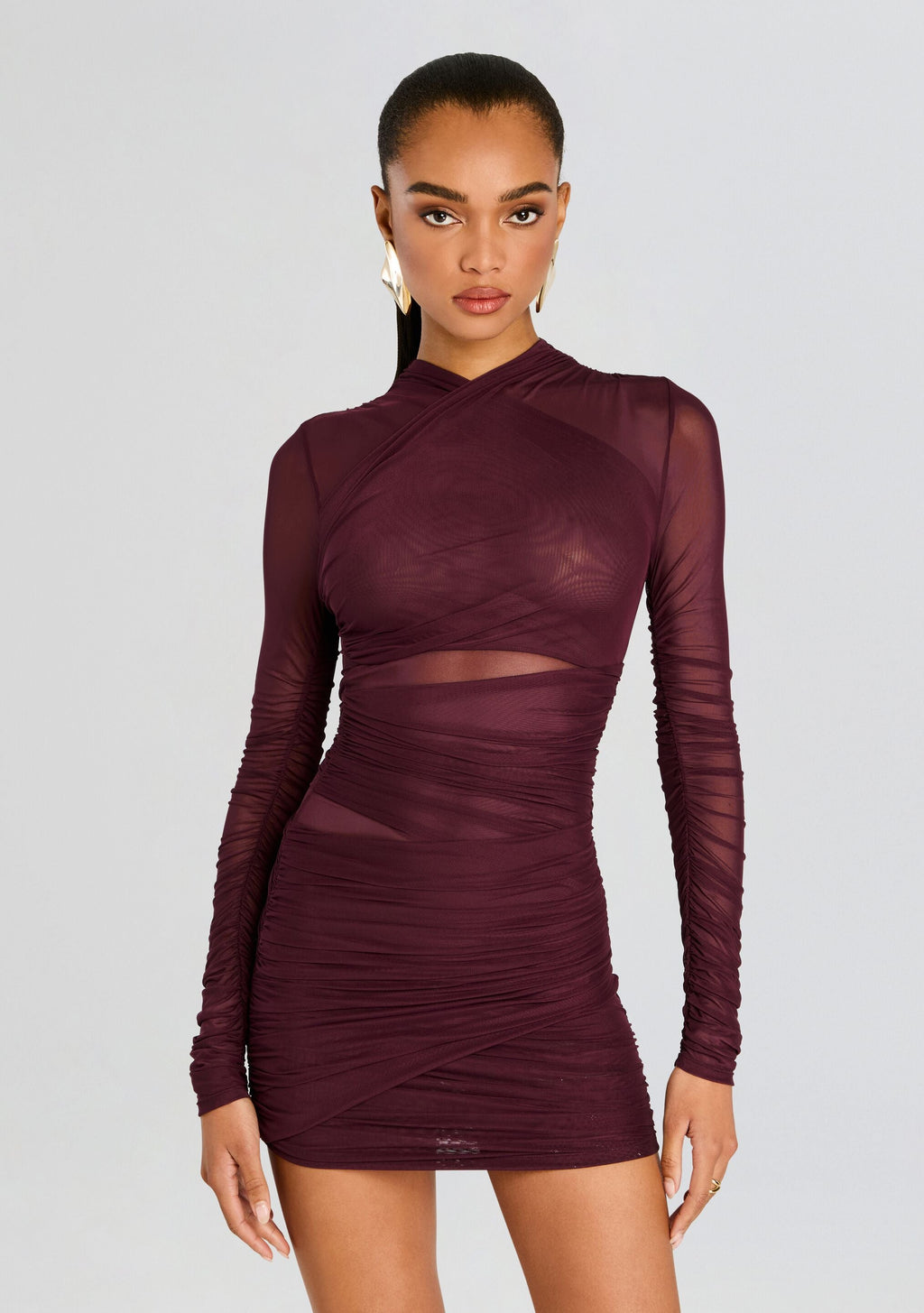 Moxey Ruched Mesh Mini Dress by SEROYA in Merlot, product image 5