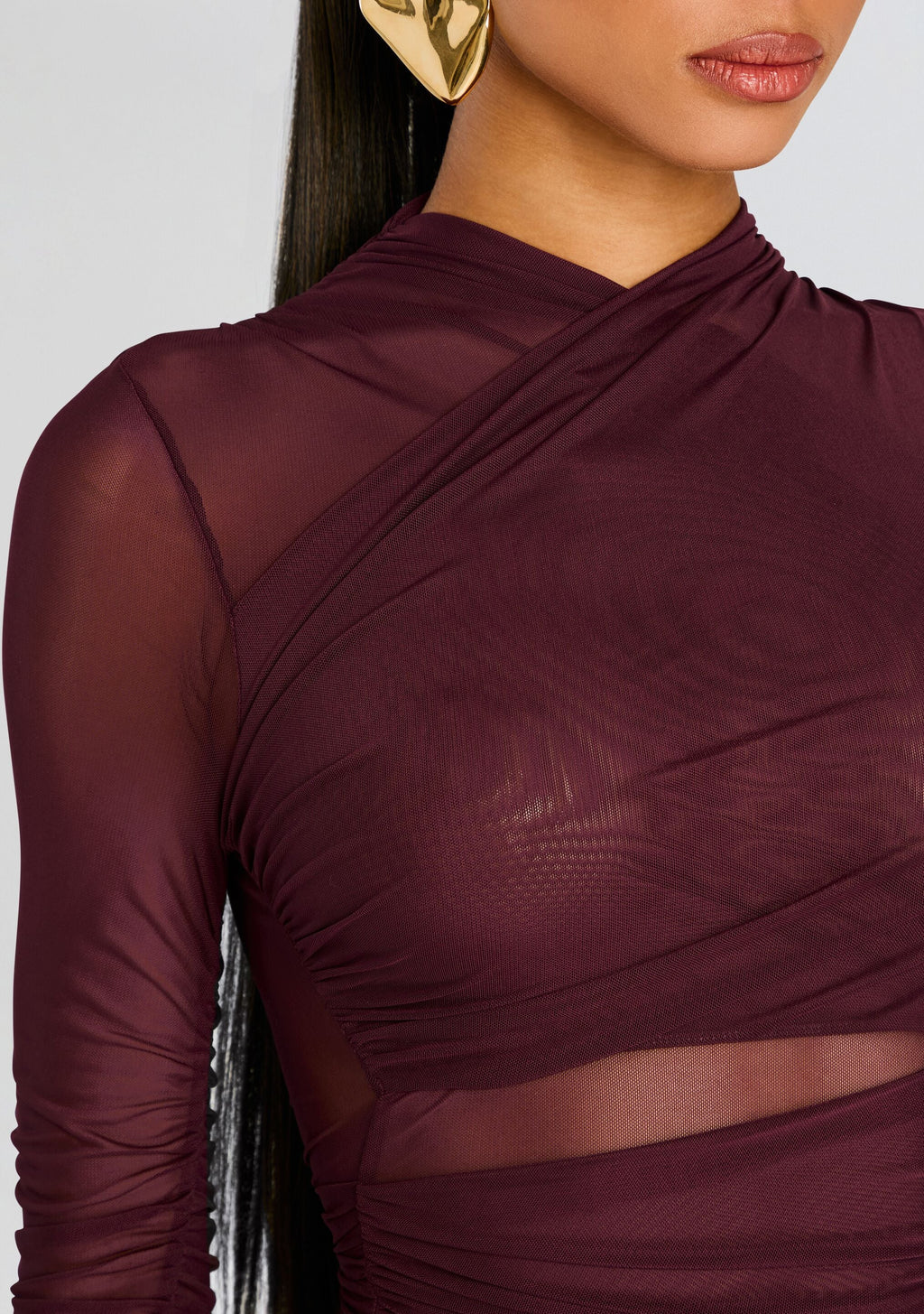 Moxey Ruched Mesh Mini Dress by SEROYA in Merlot, product image 2