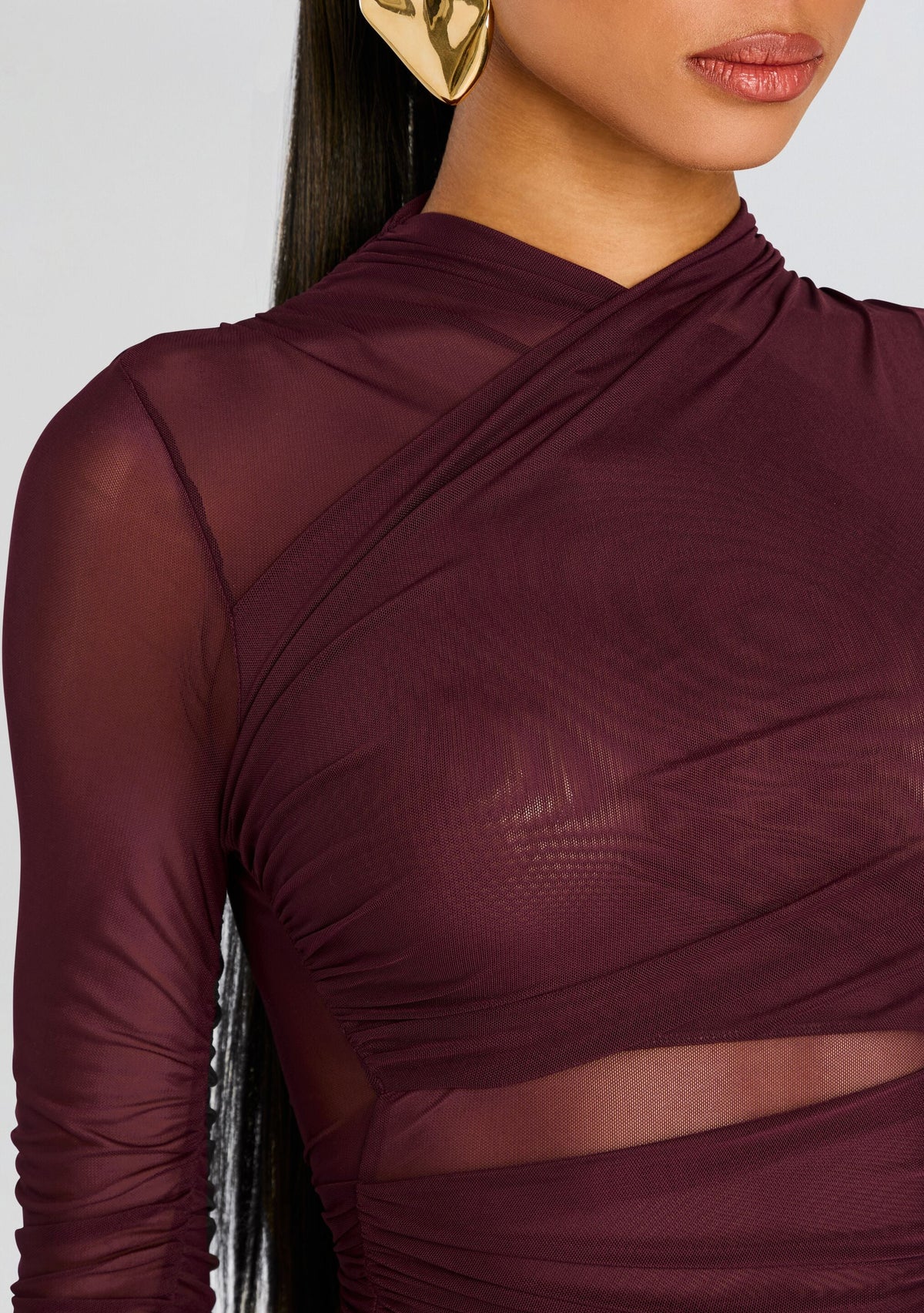Moxey Ruched Mesh Mini Dress by SEROYA in Merlot, product image 2