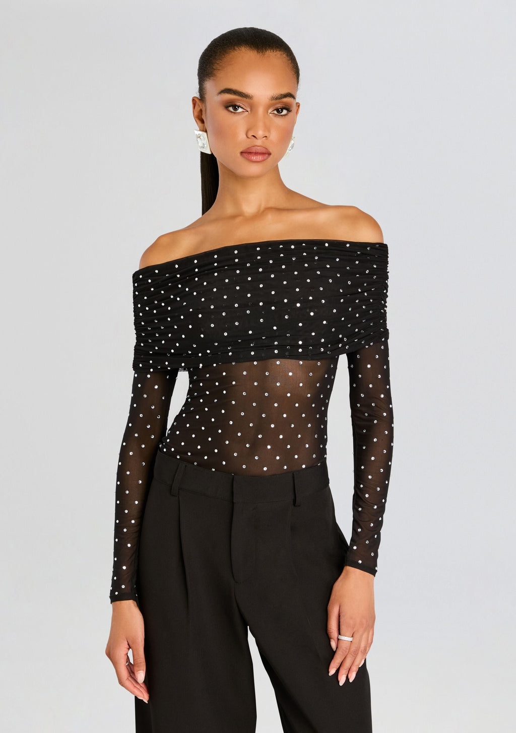 Oriana Embellished Mesh Top by retrofête in Black/Silver, product image 1