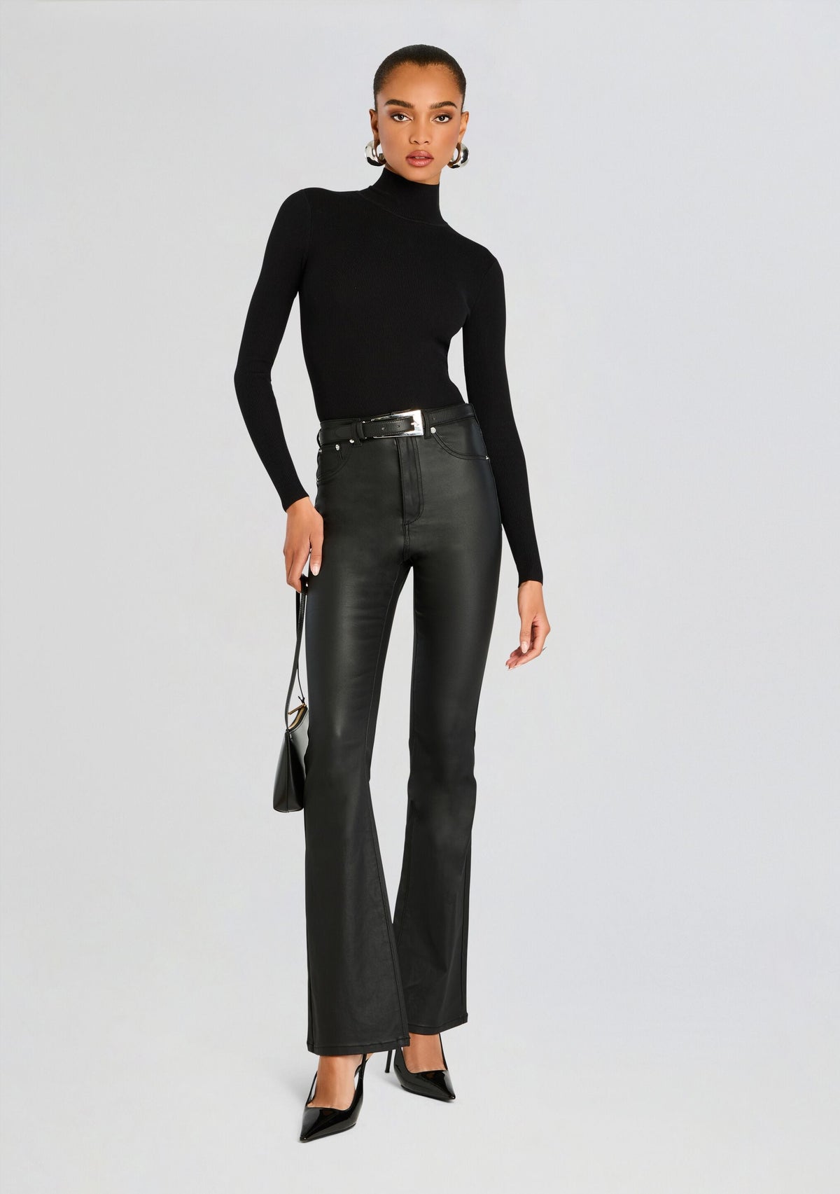 Presely High Rise Flare Jean by SEROYA in Coated Black, product image 2