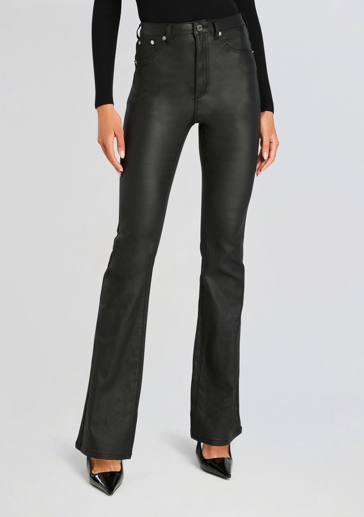 Presely High Rise Flare Jean by SEROYA in Coated Black, product image 1