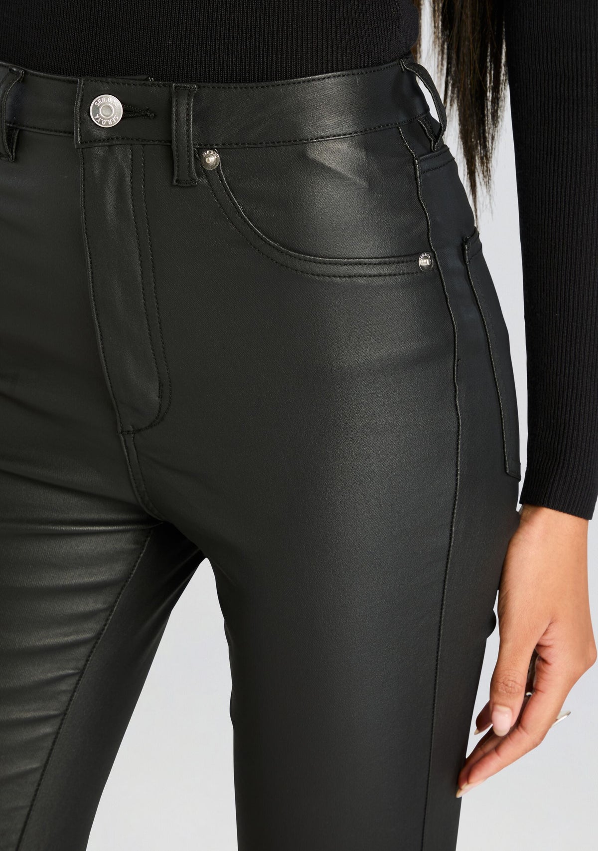 Presely High Rise Flare Jean by SEROYA in Coated Black, product image 3