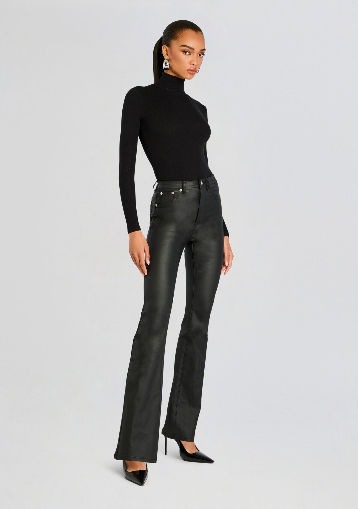 Presely High Rise Flare Jean by SEROYA in Coated Black, product image 4