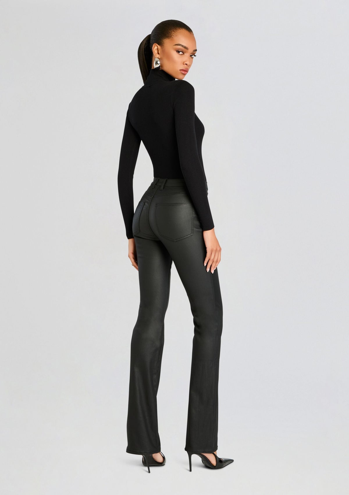 Presely High Rise Flare Jean by SEROYA in Coated Black, product image 5