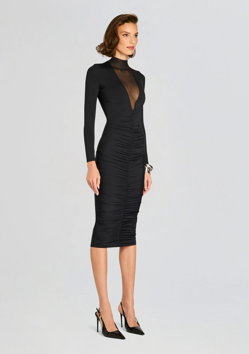 Priyanka Mesh V-Cut Midi Dress by SEROYA in Black, product image 3