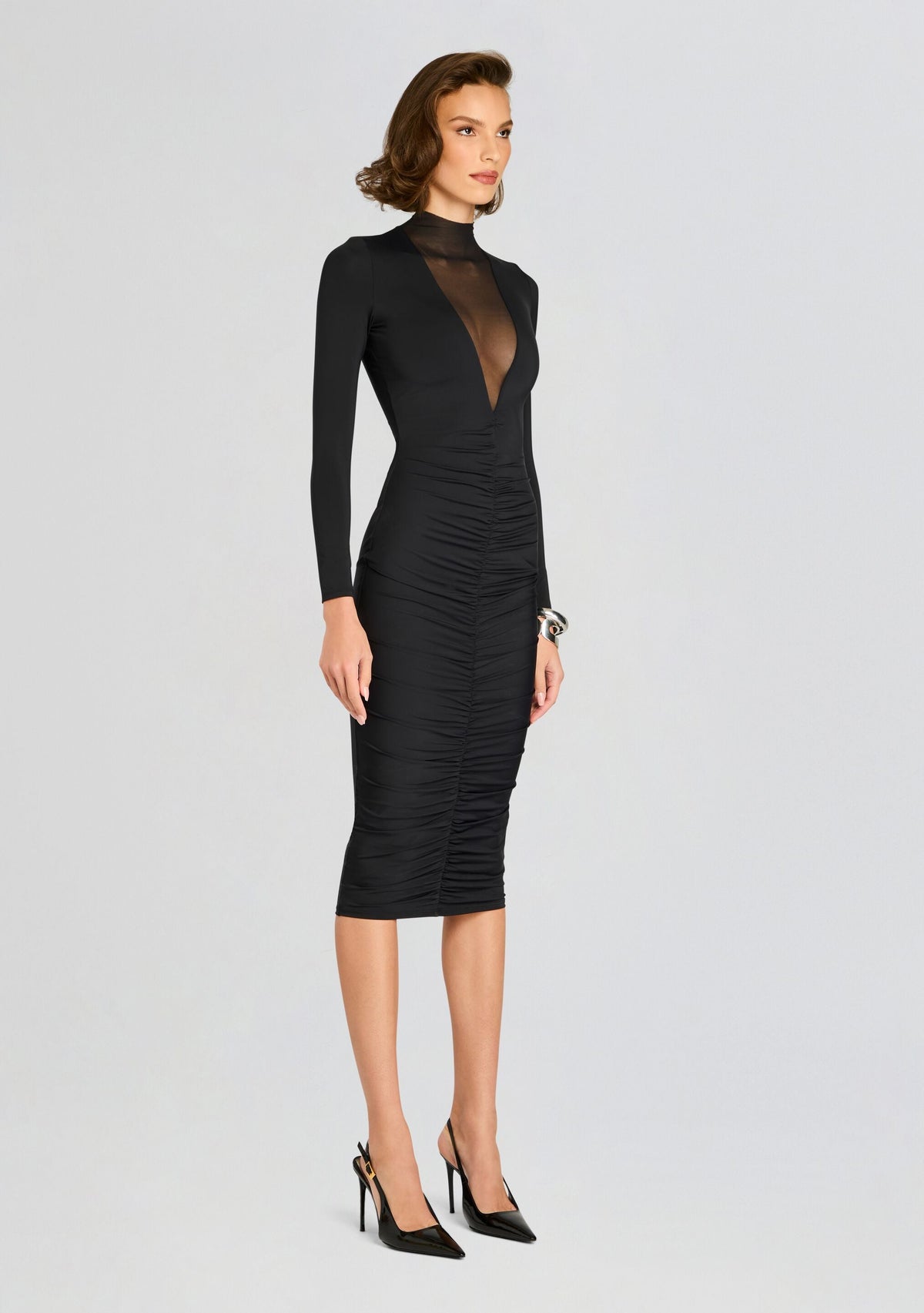 Priyanka Mesh V-Cut Midi Dress by SEROYA in Black, product image 3