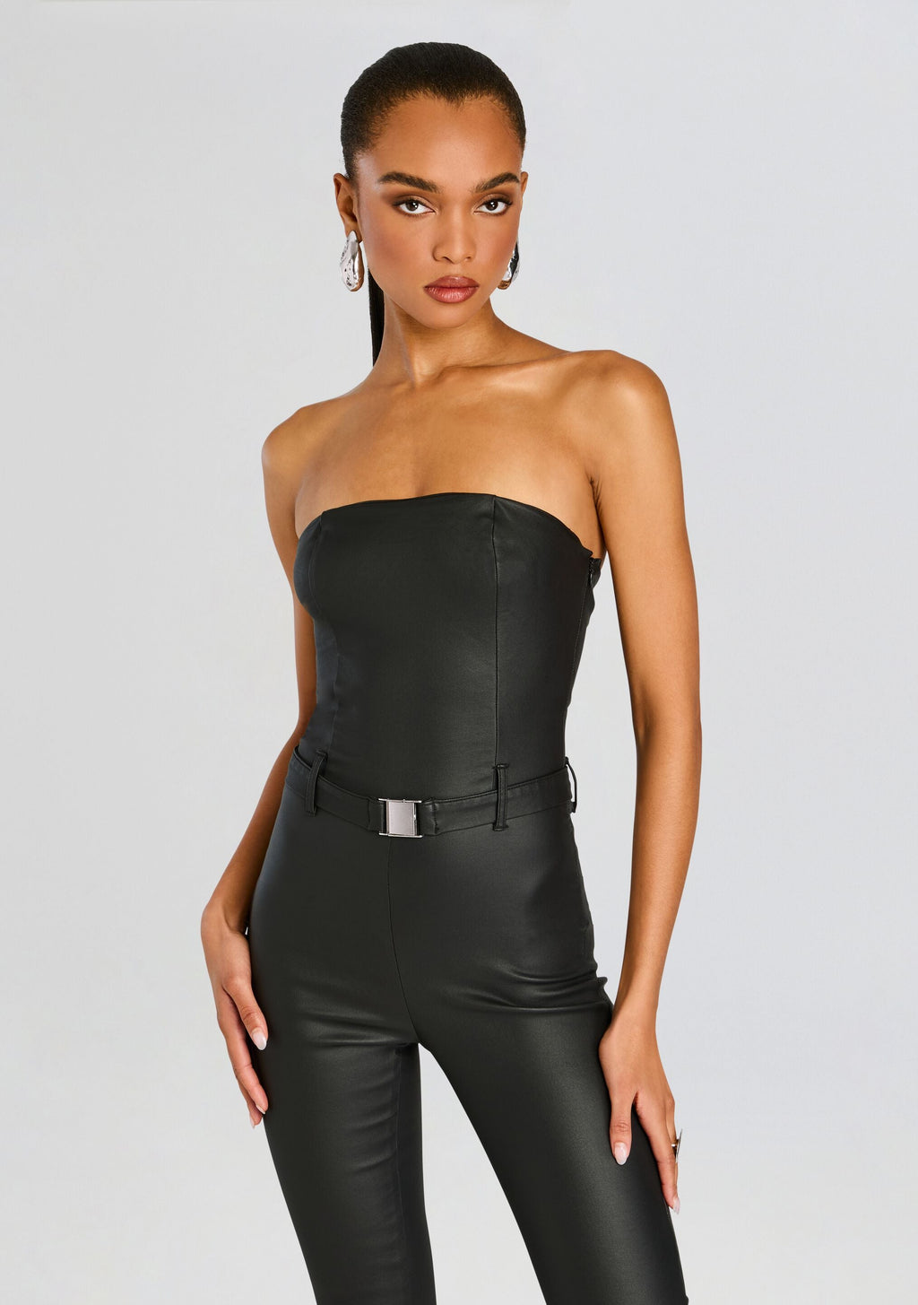 Vice Slim Flare Jumpsuit by SEROYA in Coated Black, product image 5