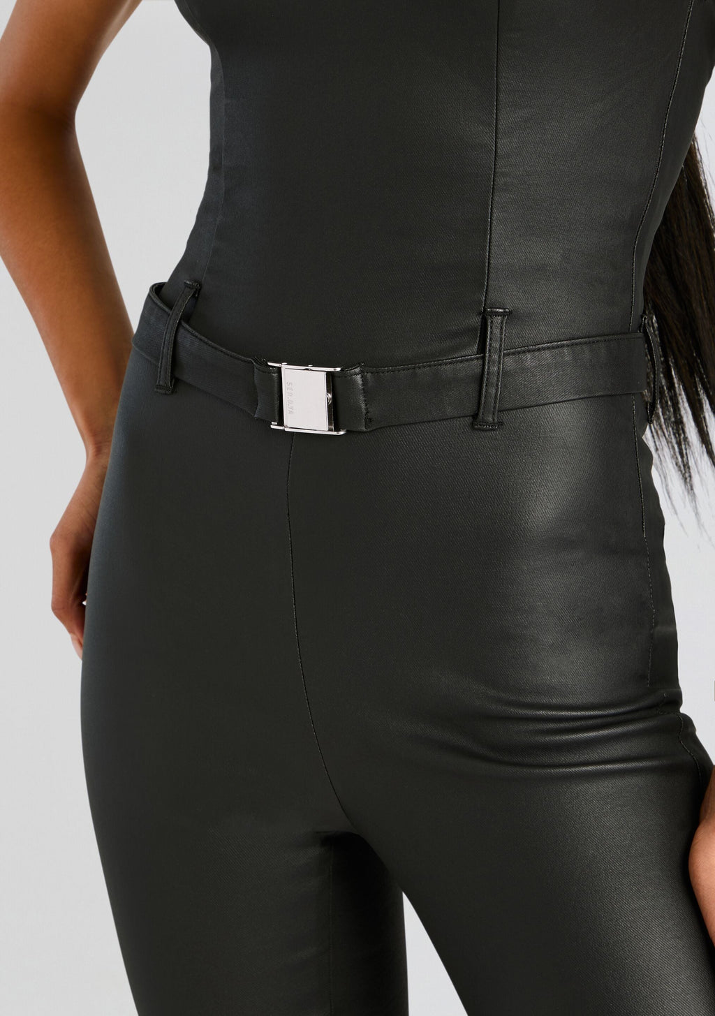 Vice Slim Flare Jumpsuit by SEROYA in Coated Black, product image 2