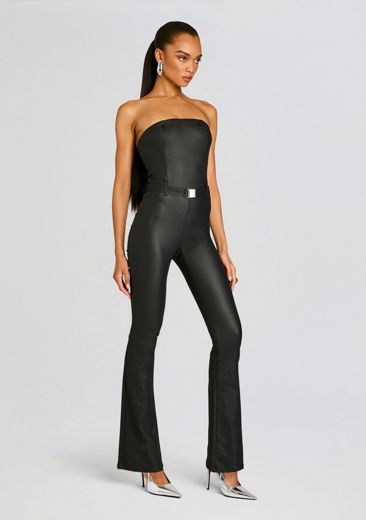 Vice Slim Flare Jumpsuit by SEROYA in Coated Black, product image 3