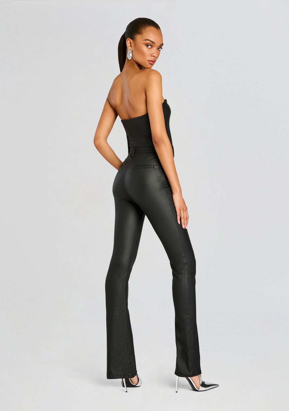 Vice Slim Flare Jumpsuit by SEROYA in Coated Black, product image 4