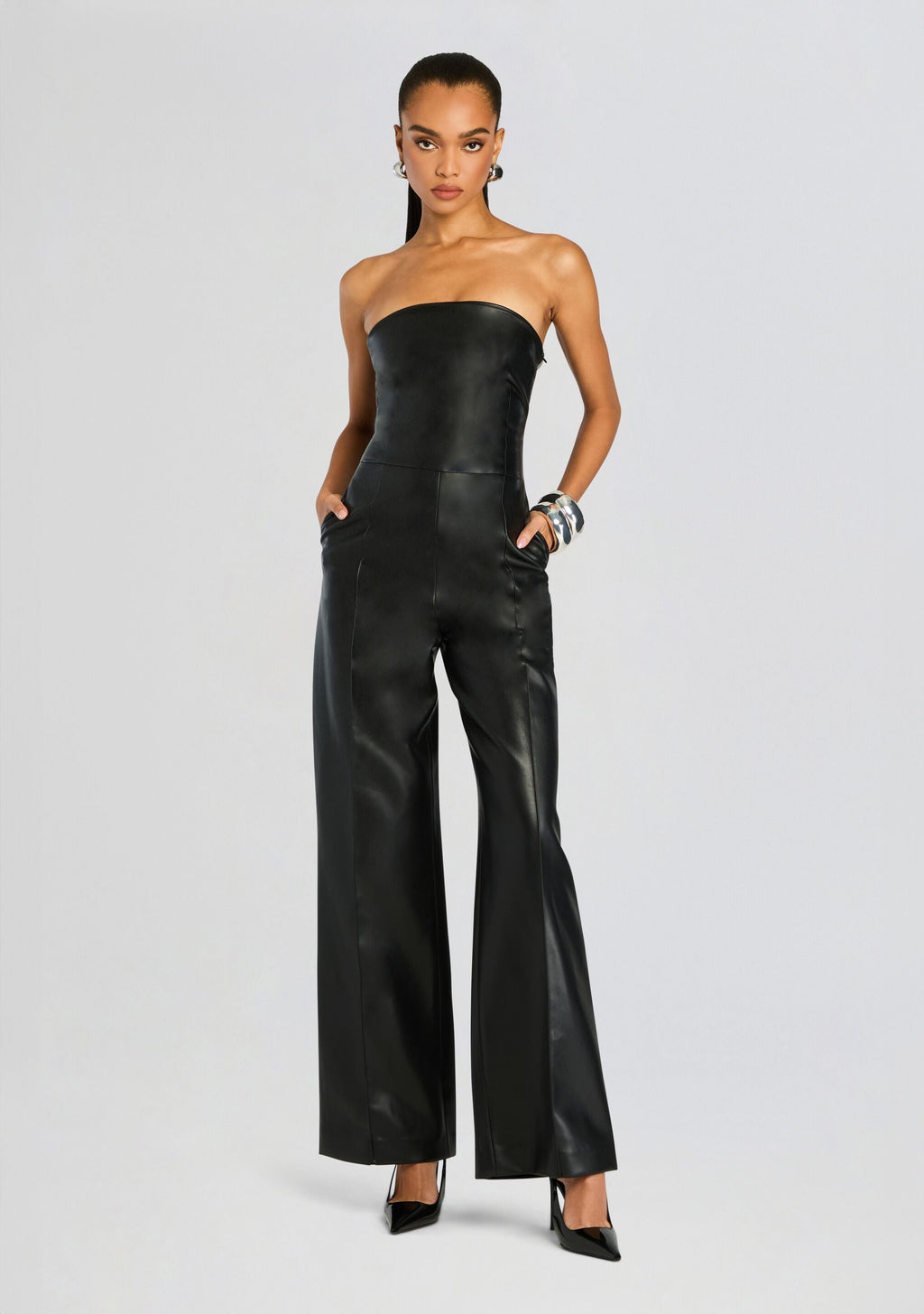 Zoe Vegan Leather Jumpsuit by SEROYA in Black, product image 5