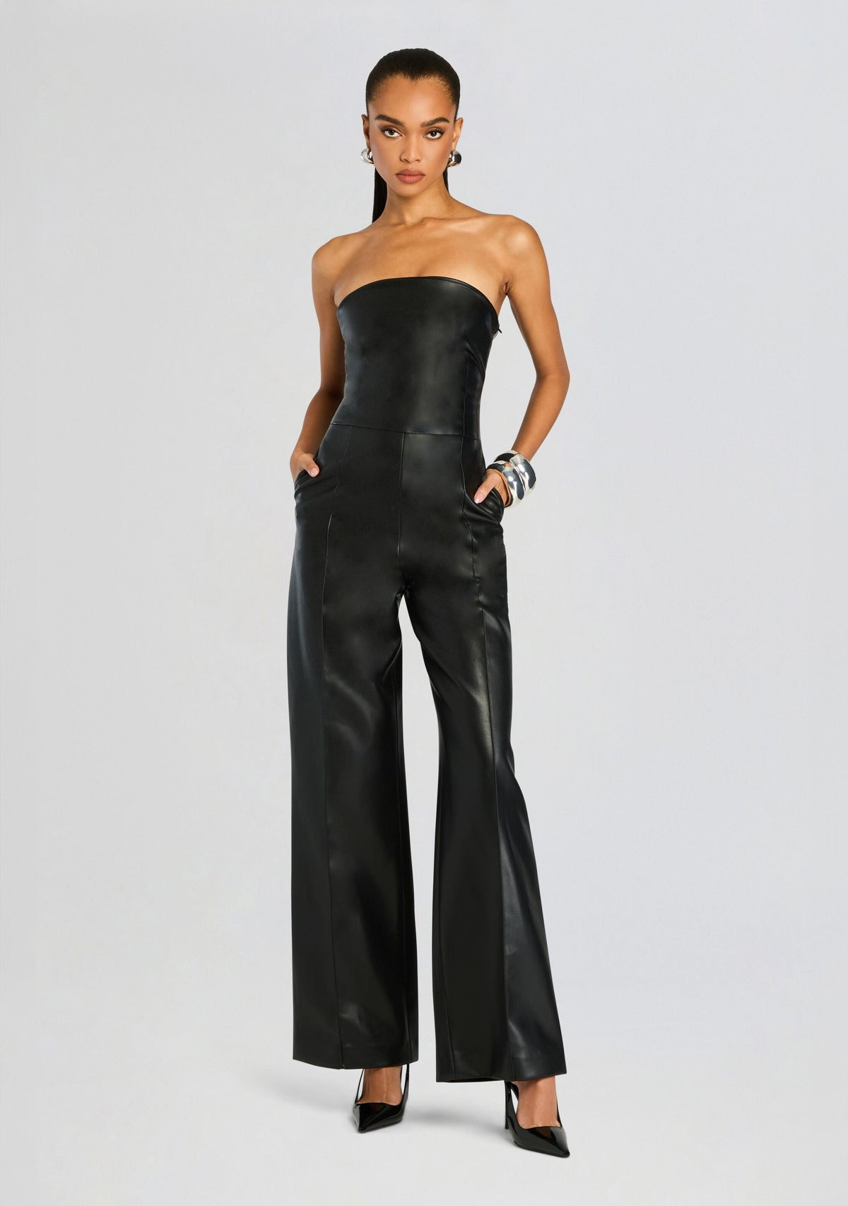 Zoe Vegan Leather Jumpsuit by SEROYA in Black, product image 5