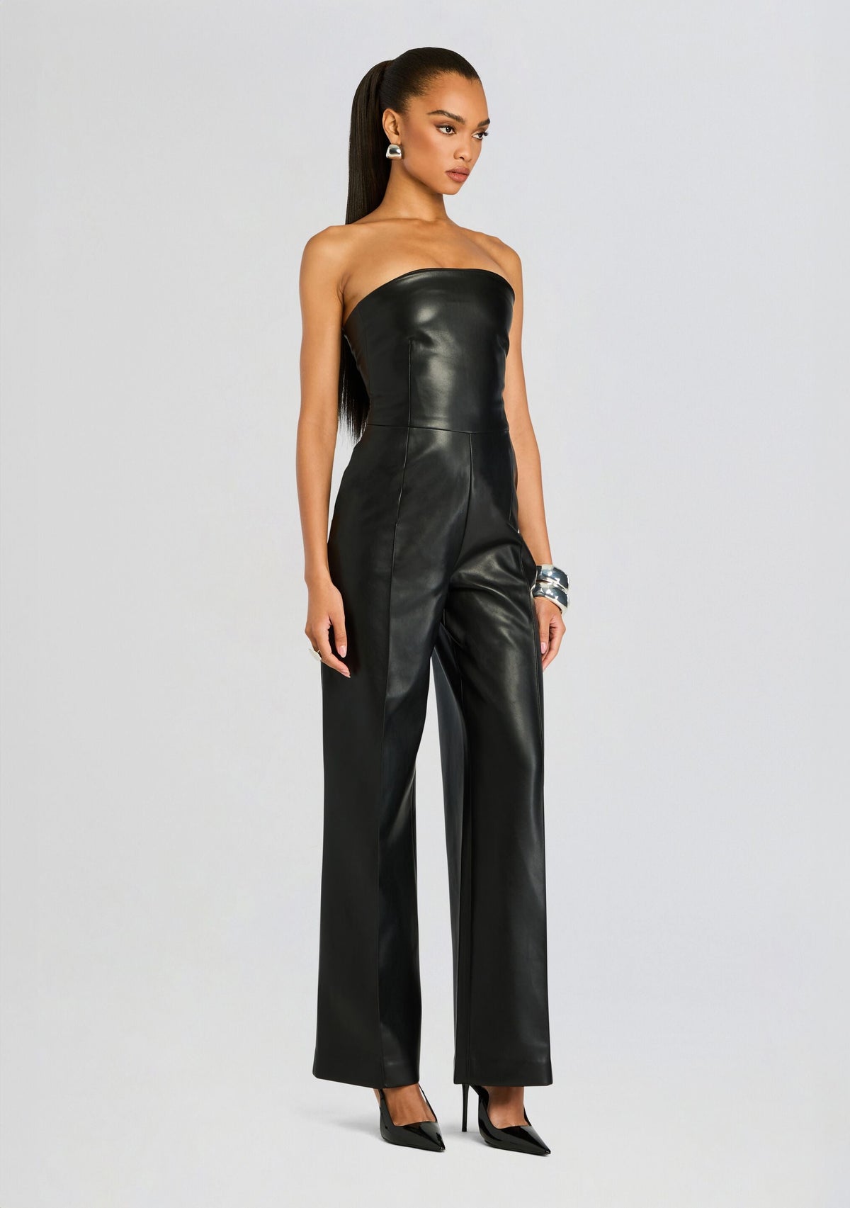 Zoe Vegan Leather Jumpsuit by SEROYA in Black, product image 3