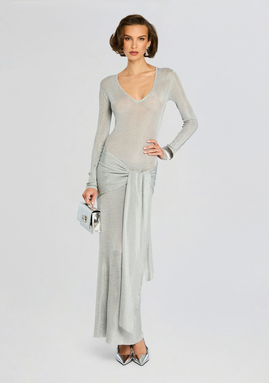 Ashera Metallic Knit Dress by SEROYA in Silver, product image 5