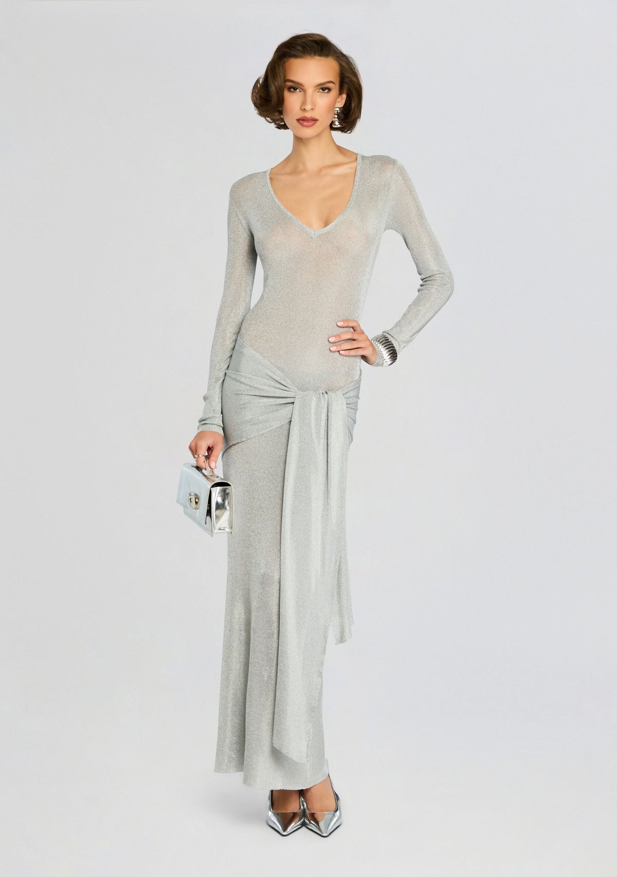 Ashera Metallic Knit Dress by SEROYA in Silver, product image 5