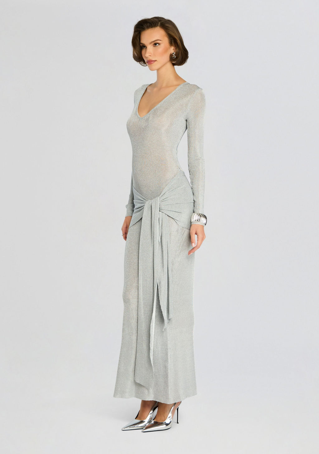 Ashera Metallic Knit Dress by SEROYA in Silver, product image 3