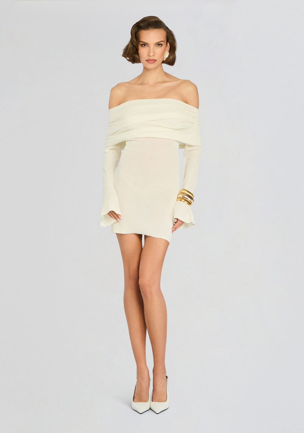 Galli Rib Knit Mini Dress by SEROYA in Eggshell, product image 1