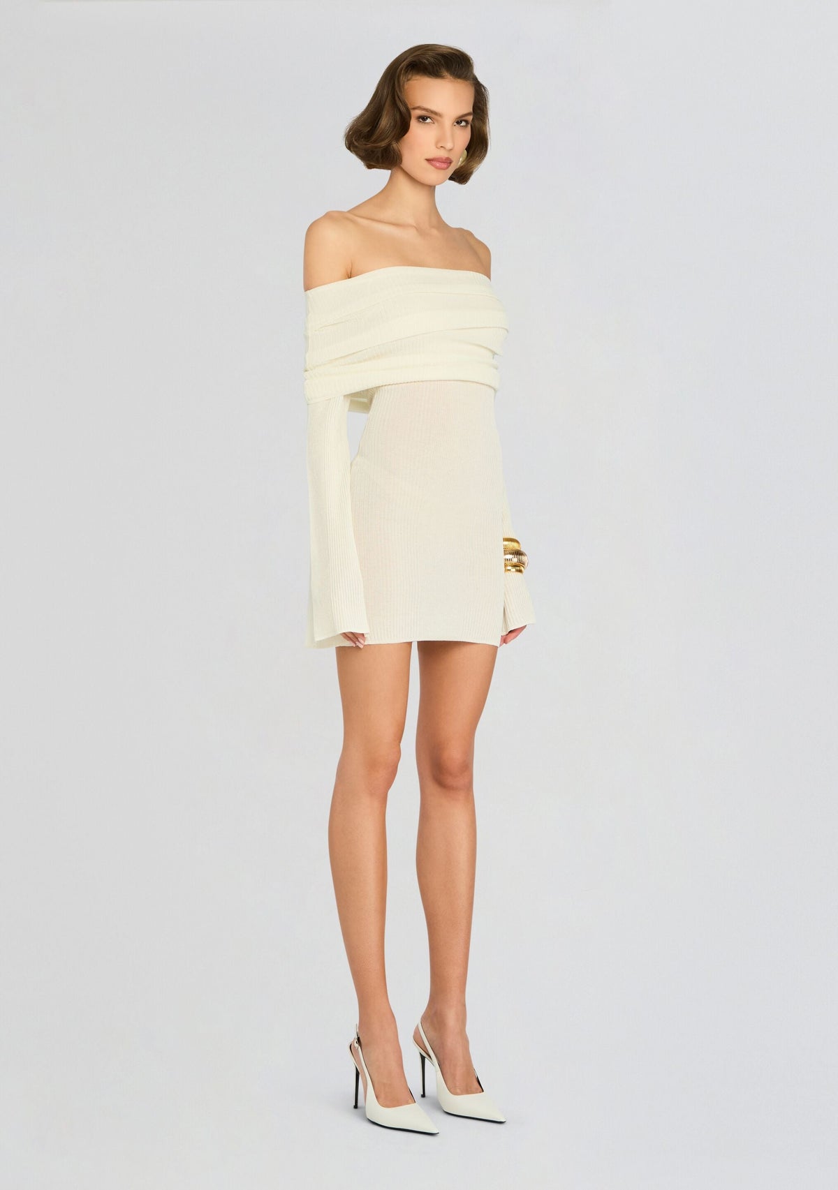 Galli Rib Knit Mini Dress by SEROYA in Eggshell, product image 3