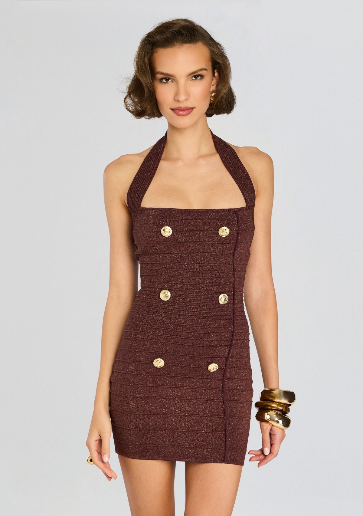 Harlynn Metallic Bandage Knit Dress by retrofête in Metallic Pecan, product image 5