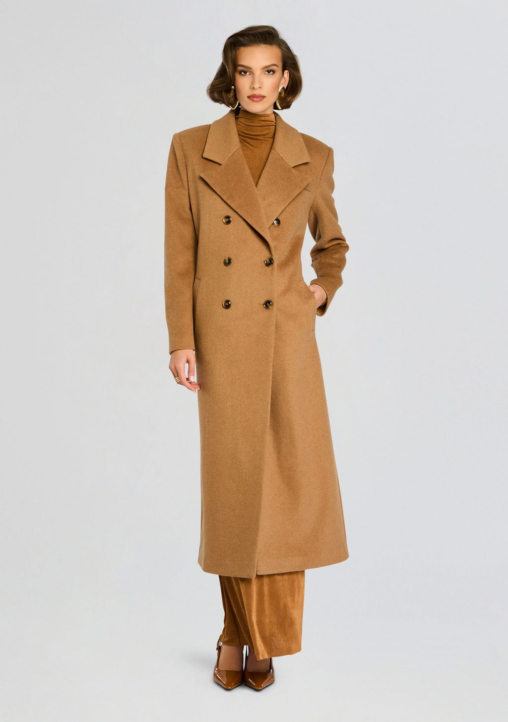 Leche Wool Coat by SEROYA in Camel, product image 3