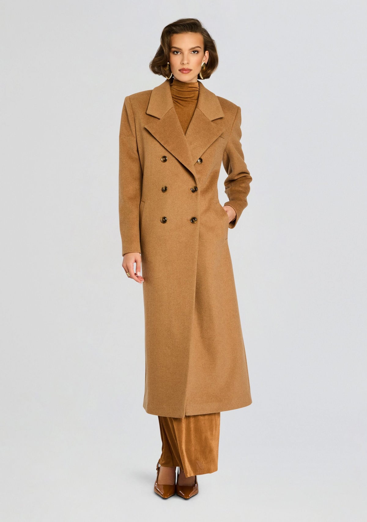 Leche Wool Coat by SEROYA in Camel, product image 3