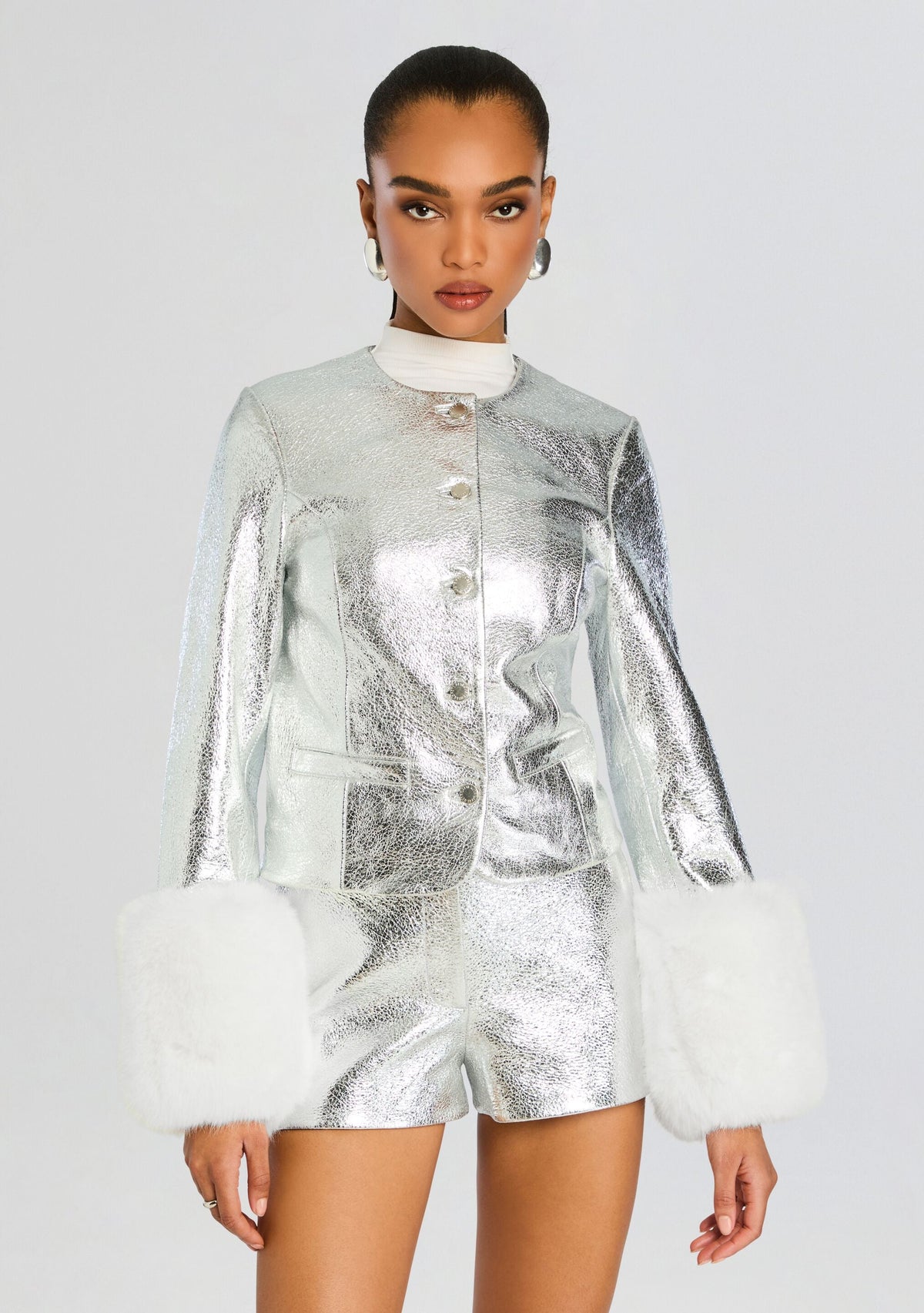Talvi Leather Jacket by retrofête in Silver/White, product image 1