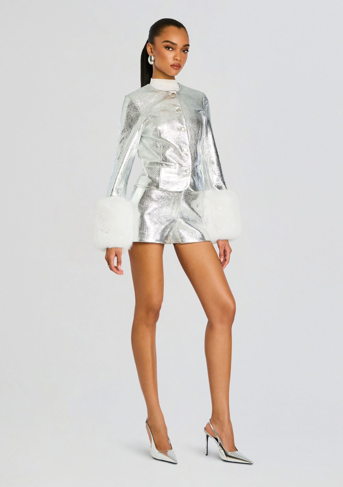 Talvi Leather Jacket by retrofête in Silver/White, product image 4