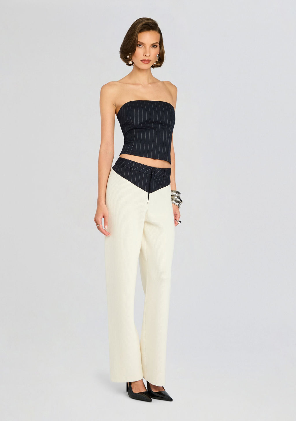 Bridgette Bustier Top by SEROYA in Navy Pinstripe, product image 4