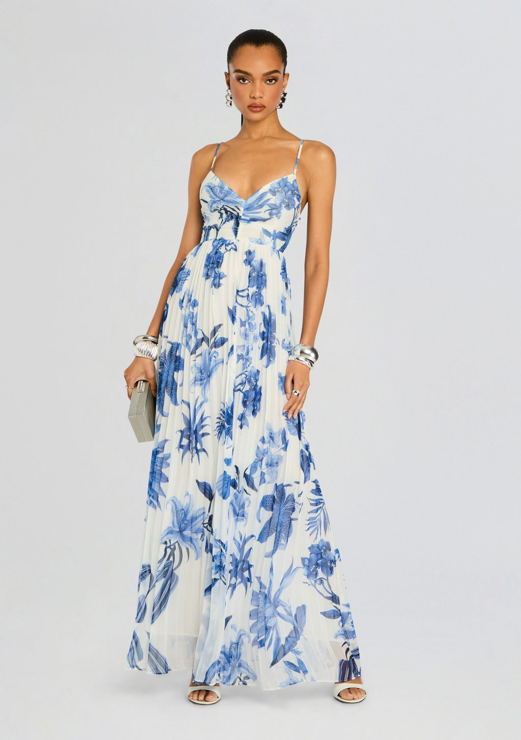 Gabi Pleated Maxi Dress by Rococo Sand in White Blue, product image 5