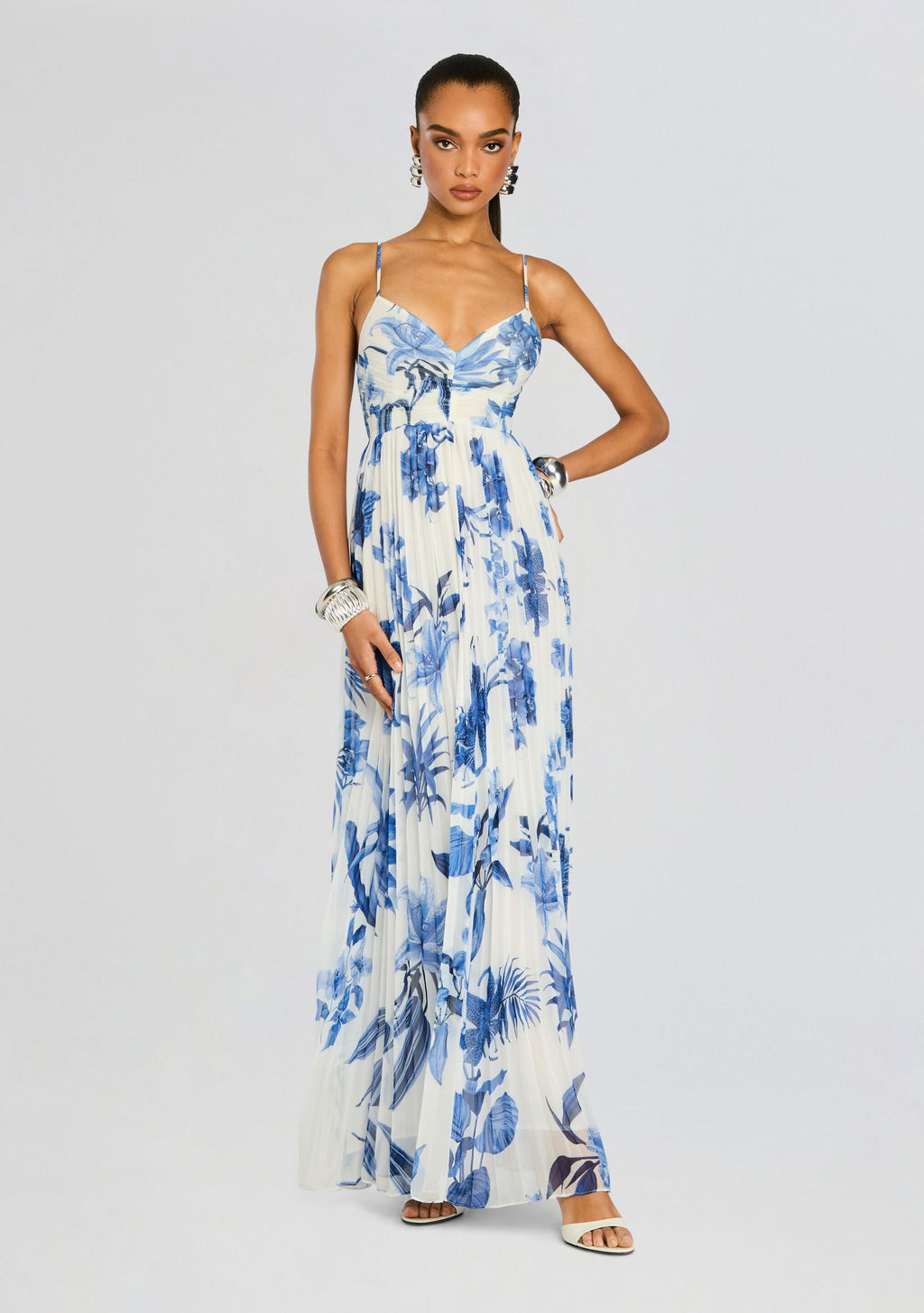 Gabi Pleated Maxi Dress by Rococo Sand in White Blue, product image 1
