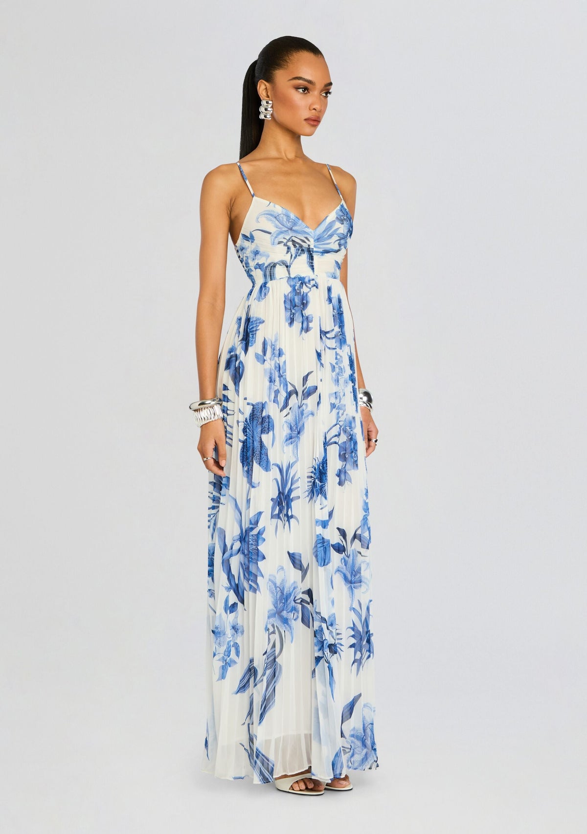 Gabi Pleated Maxi Dress by Rococo Sand in White Blue, product image 3