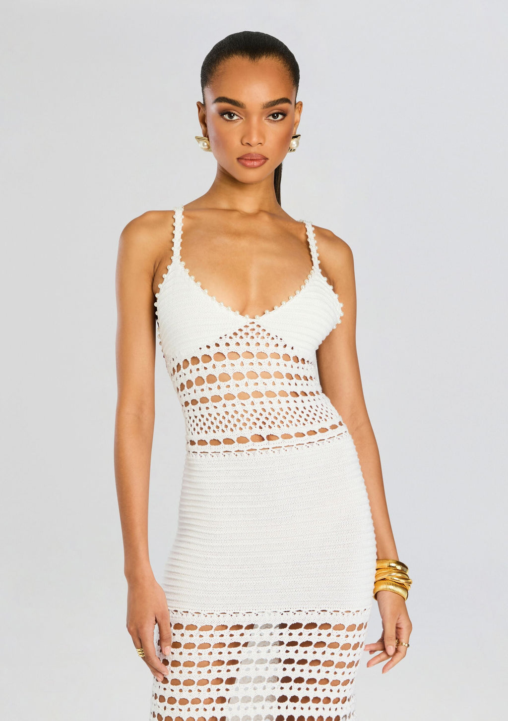 Belize Metallic Crochet Dress by retrofête in Metallic White, product image 5